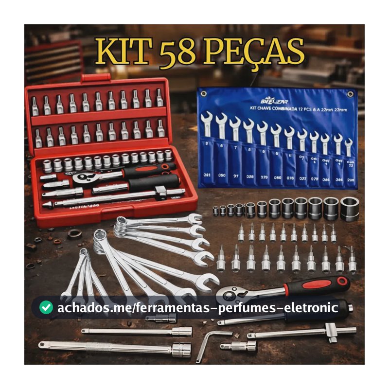 Kit Jogo De Ferramentas 58 Peças Completo Profissional Soquete 46 Peças + Chave Combinada 12 Peças Conserto Carro Moto Casa Oficina Kit Soquetes Com Catraca 46 Peças + Jogo 12 Chaves + Maleta Hexon