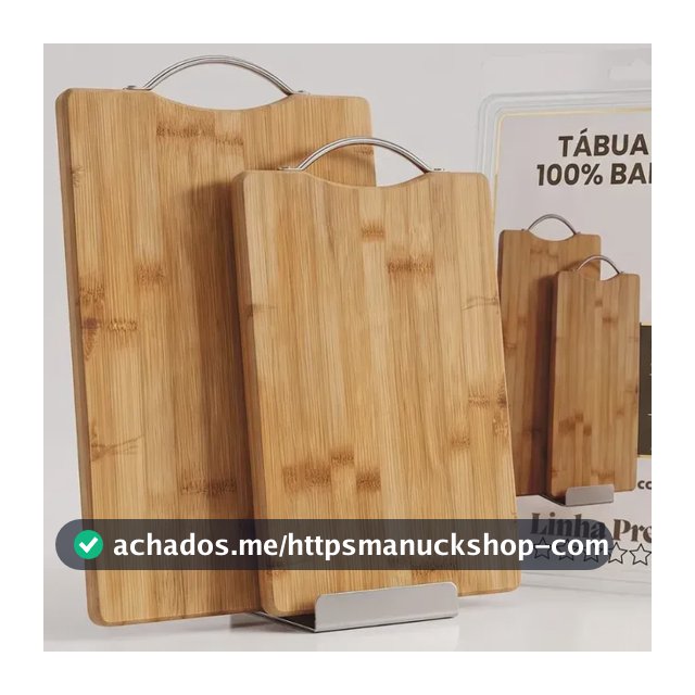 Kit de 2 Tábuas de Corte Retangular em Bambu Natural Com Alça Inox Para Carne e Legumes