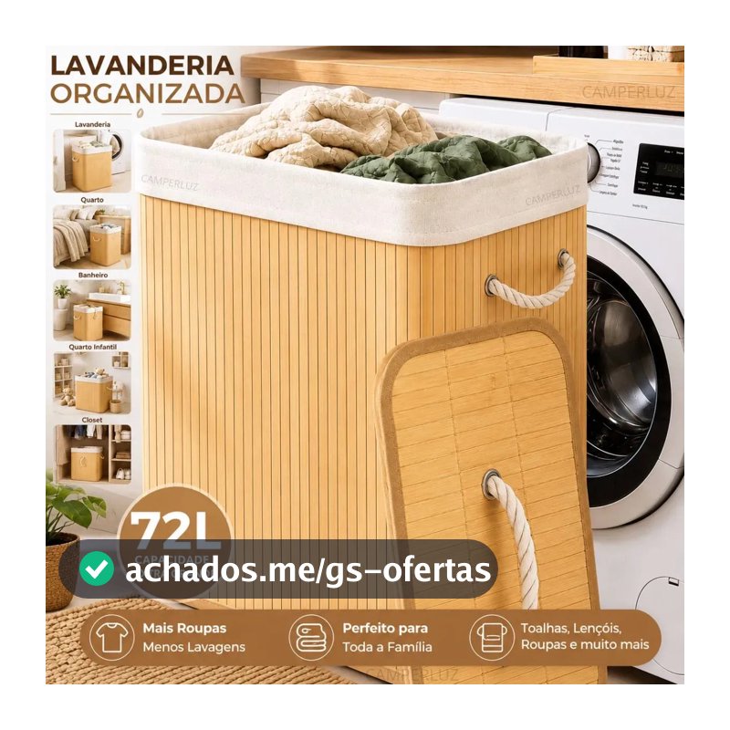 Cesto Organizador De Roupa Bambu Dobrável Retangular Com Tampa Forro e Alças 72 Litros Grande Capacidade Reforçado Caixa Organizadora para Brinquedos - Marca Camperluz