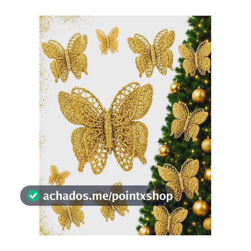 Kit 12 Flor Borboleta Decoração Enfeite Árvore Natal Luxo Dourado