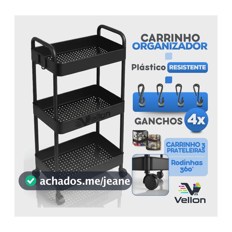 Carrinho Organizador Multiuso 3 Cestos Slim Cozinha Banheiro Cor Preto
