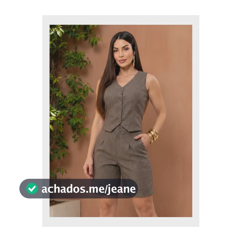 Conjunto Feminino De Short E Blusa Alfaiataria Linho Social Marrom Médio Liso 44