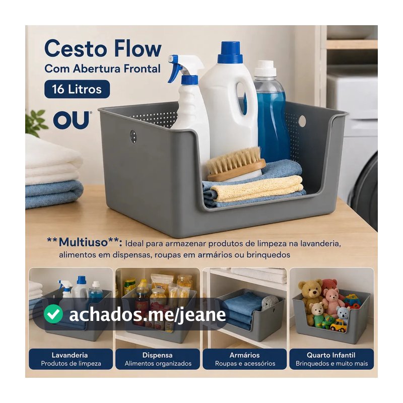 Cesto Organizador Flow Abertura Frontal 16L Chumbo CFW1000CHF OU Plástico Resistente Multiuso Para Roupas Produtos de Limpeza Alimentos Brinquedos Papel Higiênico Armário Prateleira