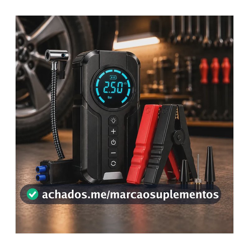 Auxiliar de Partida Carregador Bateria e Compressor de Ar Portátil 6 em 1 Inteligente para Carro, Moto e Bicicleta com Lanterna e Power Bank