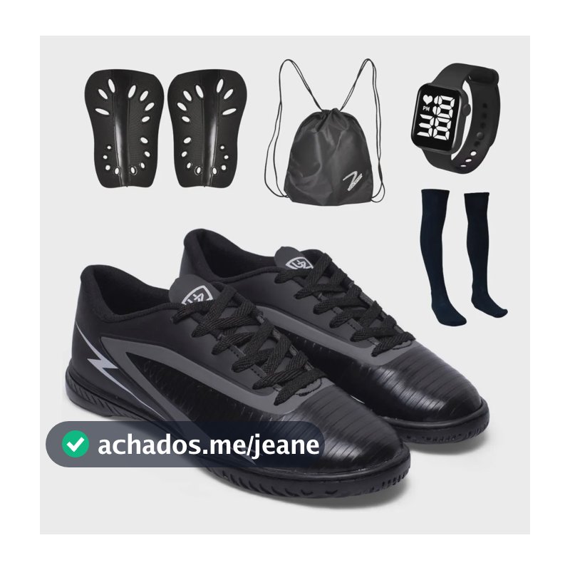 Kit Chuteira Futsal Striker Meião Caneleira Mochila Relógio Preto 38 Br