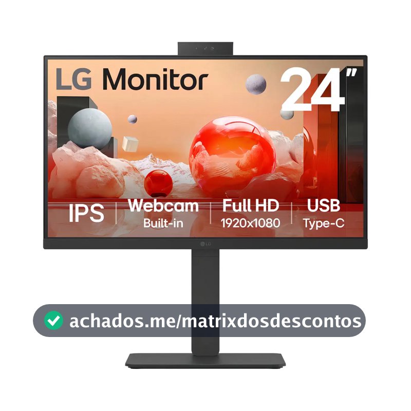 Monitor LG B2B Webcam - Tela IPS Full HD 24", USB-C, RJ45, ajustes ergonômicos e compatível com Windows Hello, Preto - 24BA850
