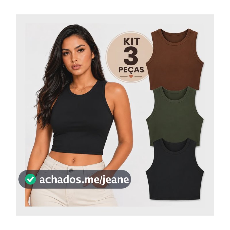 Kit 3 Blusas Regata Suplex Cropped Feminina Básica Casual Preto / Marrom / Verde M