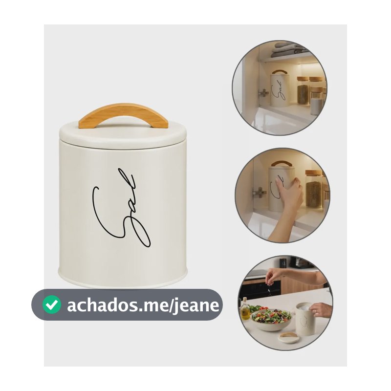 Saleiro De Mesa Bancada Hermético De Metal Alça Bambu 1kg Creme