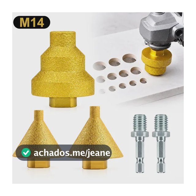 Kit 3 Brocas Cônicas Diamantadas para Porcelanato M14 38/50mm Escalonada Chanfro Alargador de Furos para Mármore Granito com Adaptador para Furadeira