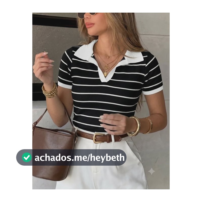 Blusa Feminina Manga Curta Polo Listrada Elegante Moda Verão Preto/off Listras Único