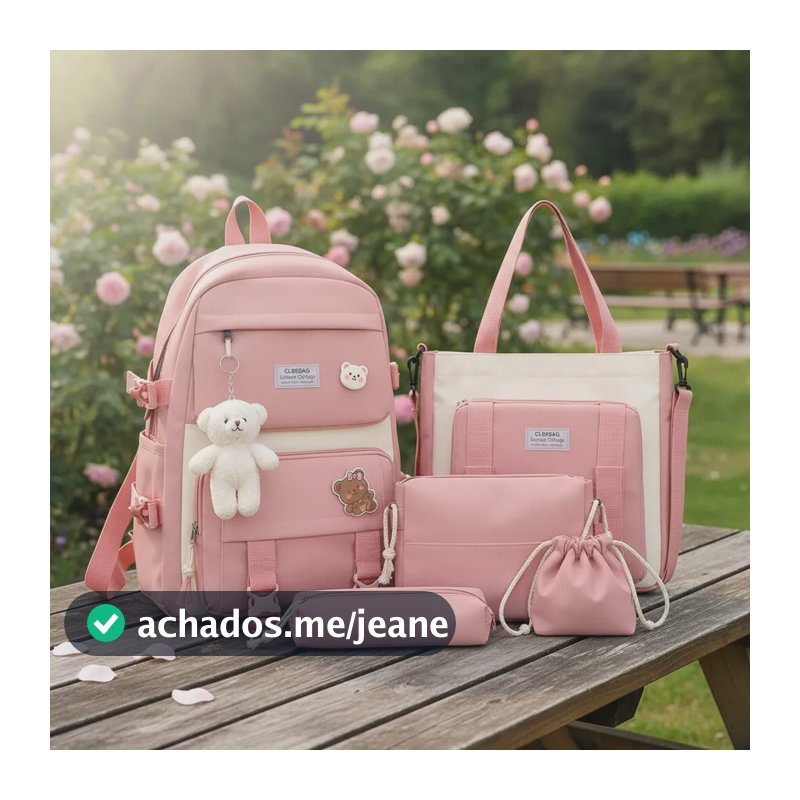 Bolsa Mochila Feminina Kawaii Mochila Grande Kit 5 Peças Rosa Liso Plástico