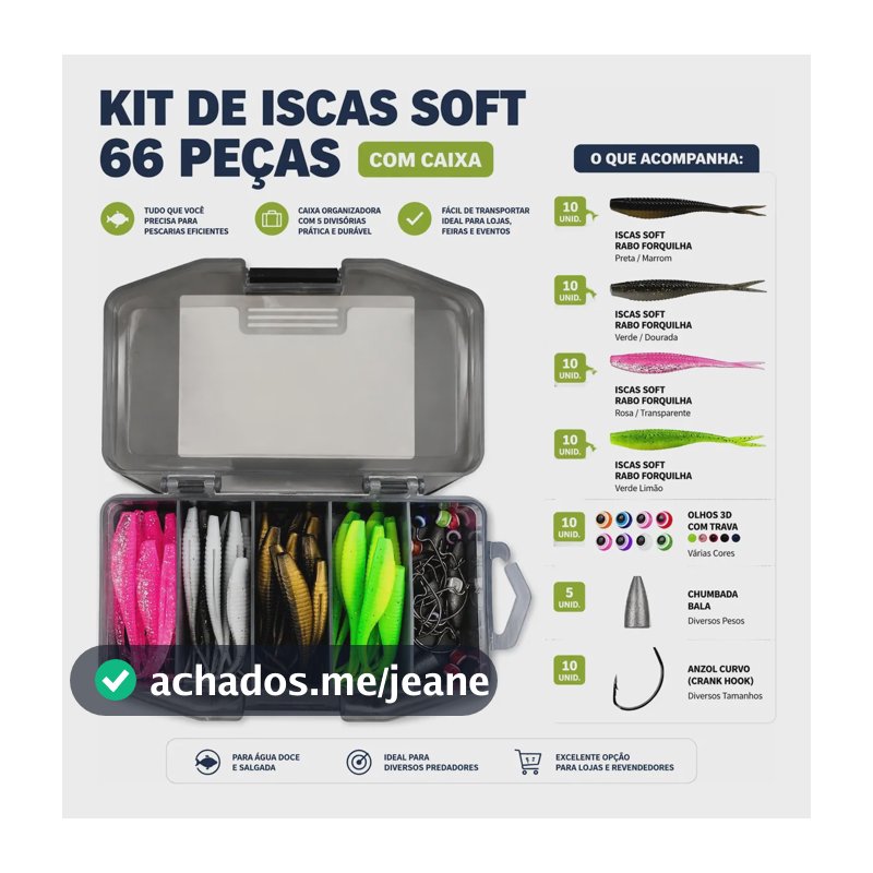 Kit 66 Iscas Soft Sortidas Com Caixa Organizadora Para Pesca Branco