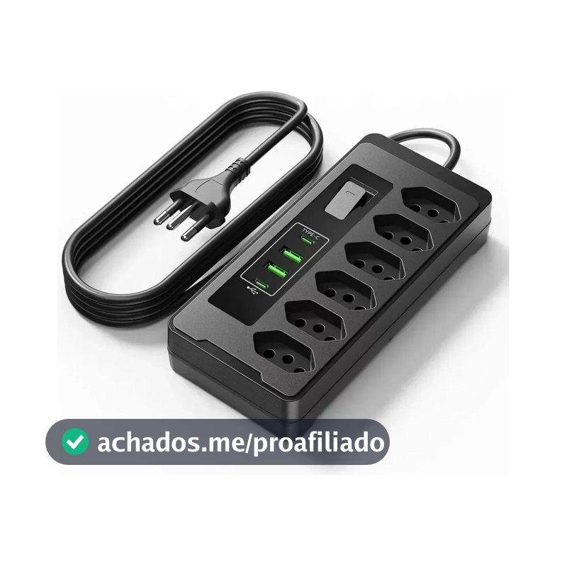 Filtro De Linha Régua Extensão 6 Tomadas E 2 Usb 2 Pd 2500 Watts Equipado Com Um Interruptor De Protecção Automática De Sobrecarga Protetor Elétrico Cabo 2 Metros 10 a Cor Preto-PLUGADO
