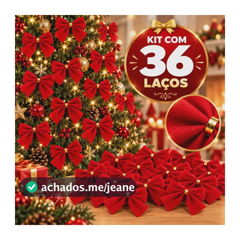 Kit 36 Laços Enfeite Arvore Natal Lacinho Vermelho Aveludado Vermelho