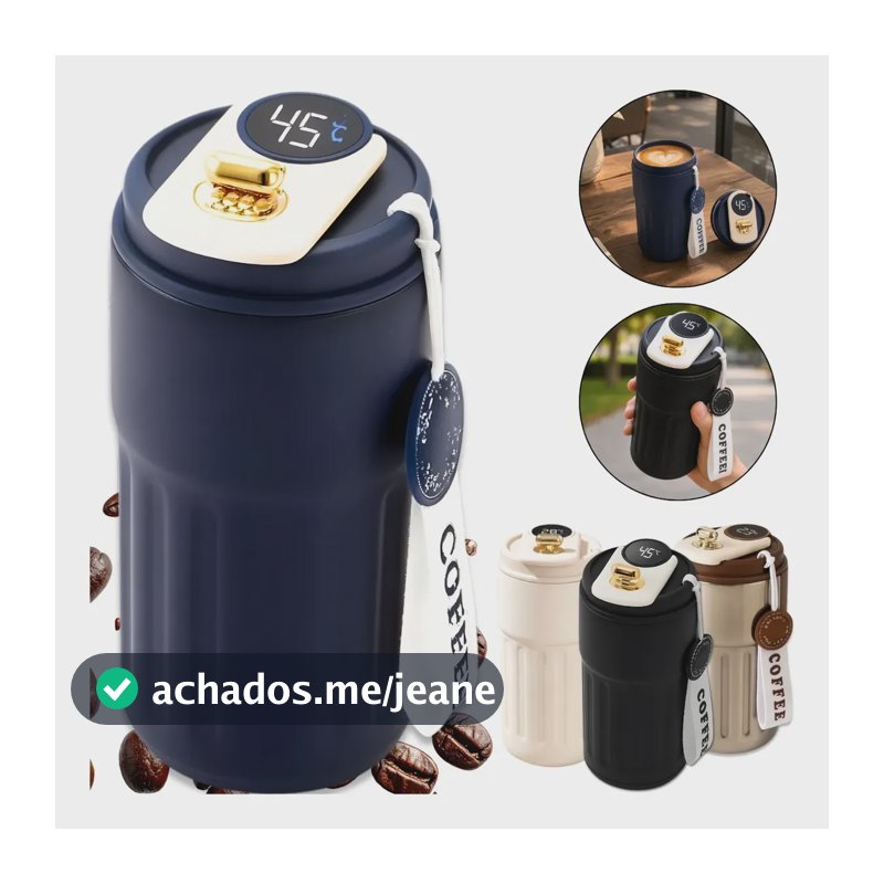 Copo Térmico Caneca Café Chá Tampa Display Temperatura Inox Azul Liso