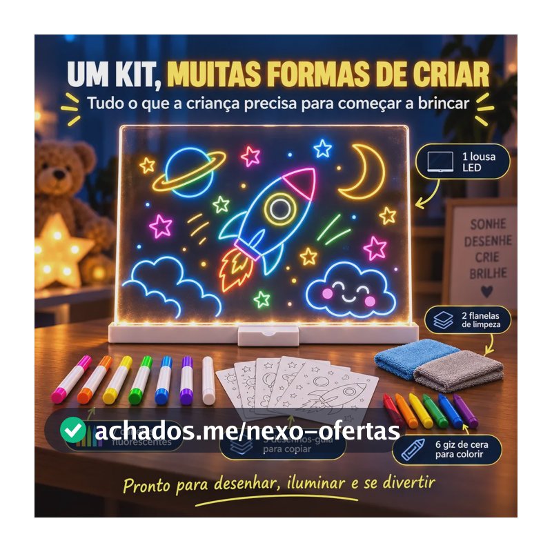 Kit Lousa Mágica Led Infantil + 5 Desenhos E Giz De Cera Branco