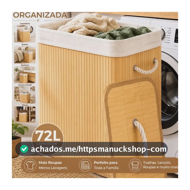 Cesto Organizador De Roupa Bambu Dobrável Retangular Com Tampa Forro e Alças 72 Litros Grande Capacidade Reforçado Caixa Organizadora para Brinquedos - Marca Macater