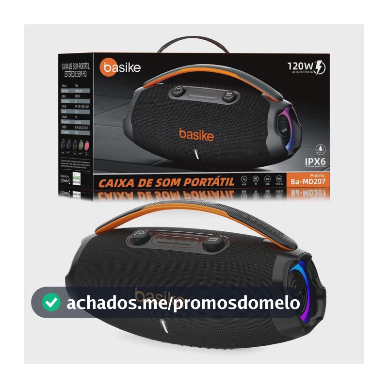 Caixa De Som Basike Ba-RAD207 Edição Atualizada 120W Rádio FM Bluetooth 5.3 TWS RGB Bass Boost 9000mAh Preto