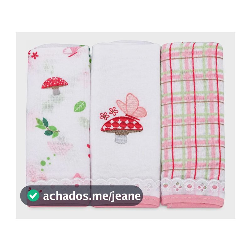 Kit 3 Paninhos De Boca 100% Algodão Enxoval Menina Cogumelo