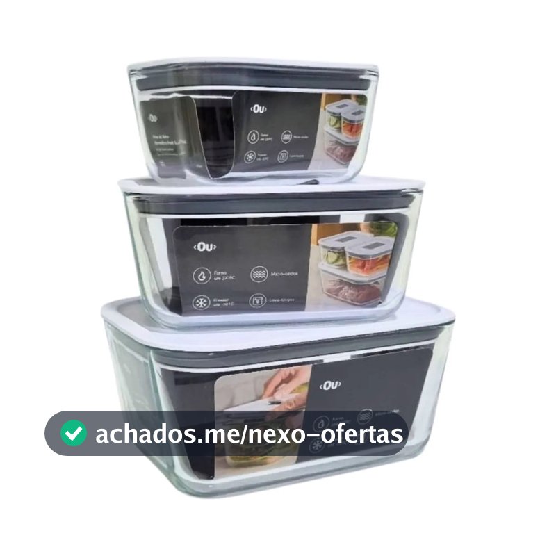 Kit Potes Herméticos de Vidro Retangular Para Forno e Freezer Com 3 Unidades