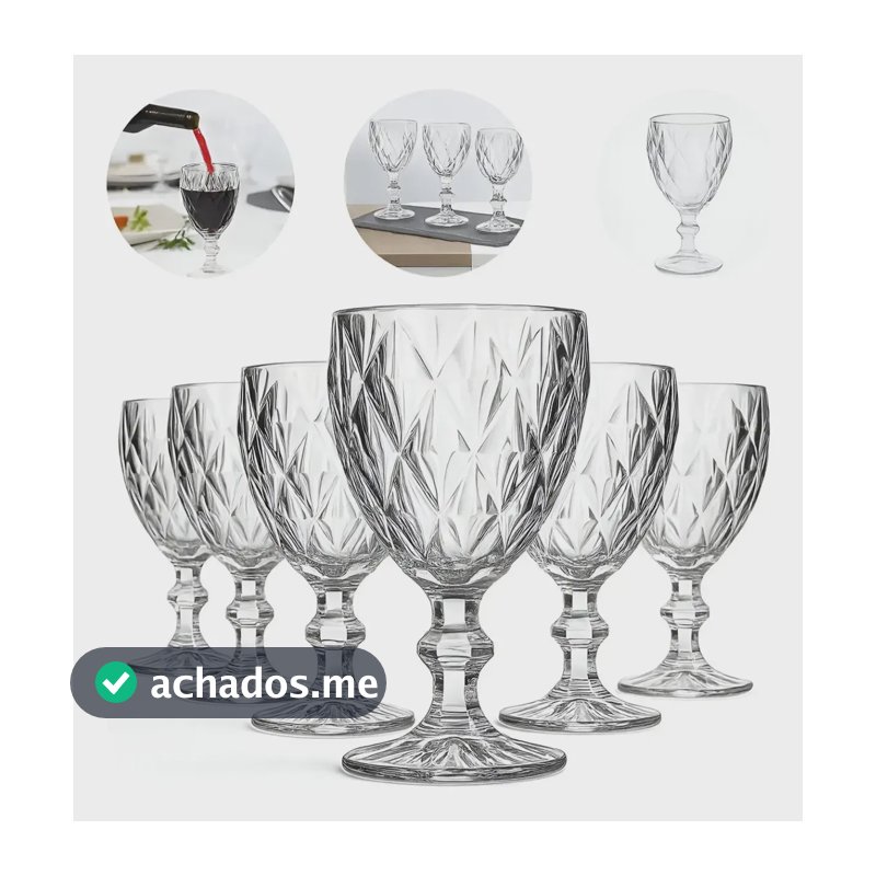 Kit 6un Taça Diamante Lapidada 340ml Para Vinho E Drink Transparente