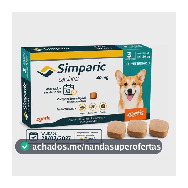 Simparic 40mg 3 Comp. Antipulgas Carrapatos Cães 10,1 A 20kg Marrom