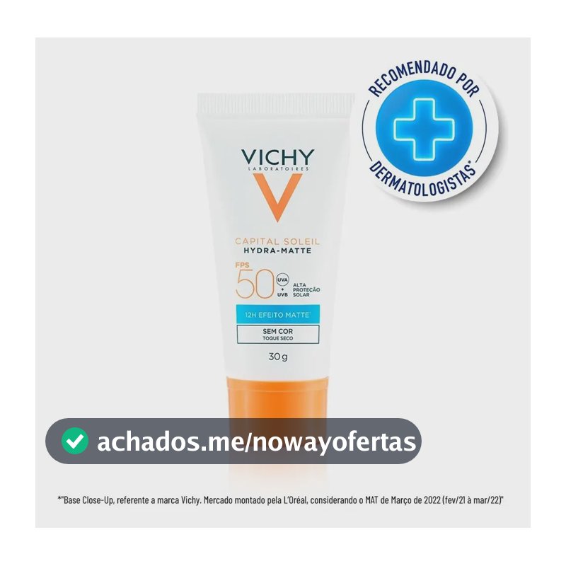 Protetor Solar Facial com Efeito Matte por 12h, Alta Proteção FPS 50, Toque Seco e Controle de Brilho, Sem Cor, Capital Soleil HydraMatte, Vichy, 30g