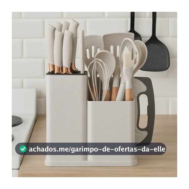 Kit Utensílios De Cozinha Em Silicone Com Cabo De Madeira Kit10 Branco