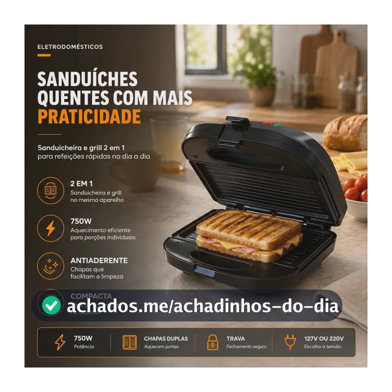 Sanduicheira Elétrica Preta Luxe Grill 2 em 1 Antiaderente Multiuso 750W Inox Preto Compacta para Sanduíches e Grill Elétrico Prático Viacruz