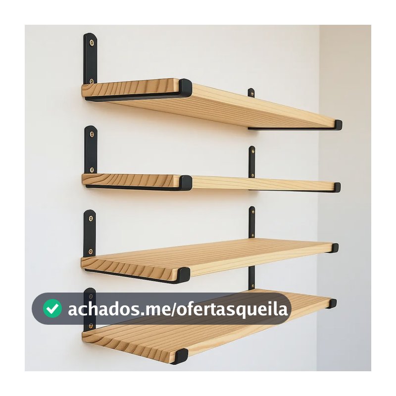Kit 4 Prateleiras De Parede Em Madeira Maciça E Ferro Preto E Madeira 50x15cm Pinus Aparelhado e Seco Mãos francesas em Ferro com Pintura Eletrostática Suportes de Parede e Parafusos e Buchas incluso