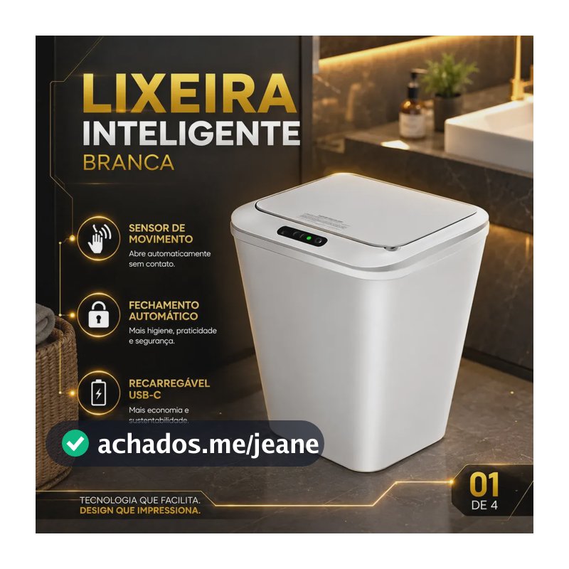 Lixeira Inteligente Automática Branca Universal Com Sensor Hearbuds Recarregável Anti Odor 16L