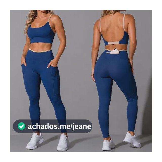 Conjunto Academia Top Calça Legging Fitness Roupa Kit Bolso Azul/areia Liso P 36/38