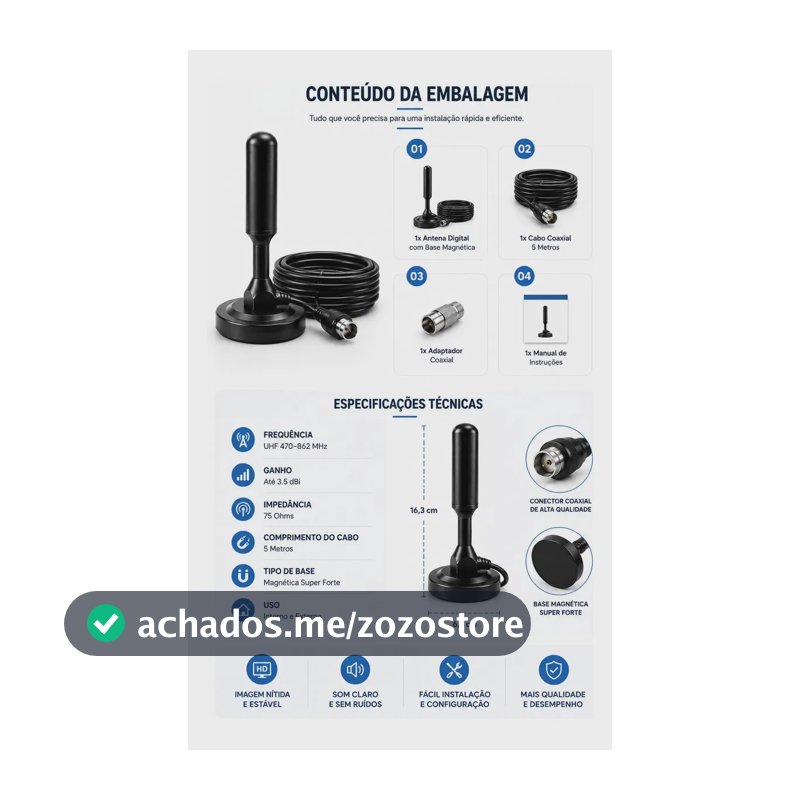 Antena Digital HDTV 4K para TV Interna com Amplificador de Sinal, Cabo Coaxial 5m, UHF VHF, Smart TV, TV Digital, Alta Definição, Longo Alcance, Base Magnética, Receptor de Canais
