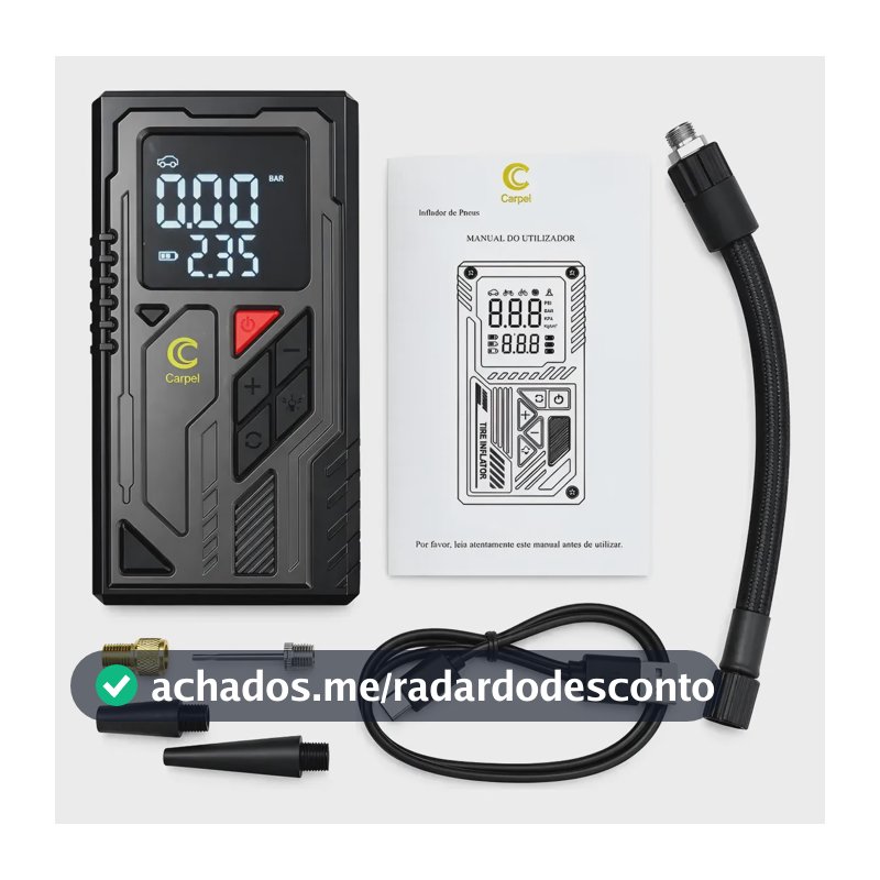 Compressor De Ar Portátil 3 Em 1 Lanterna De Led Power Bank Preto 127/220v 60 Bifásica