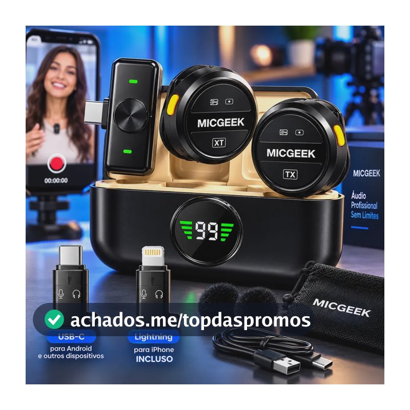 Microfone Lapela Redondo Sem Fio Tipo-C Duplo Anti Ruído P/ Android E iPhone 15 16 17 Com Caixinha Para Carregamento Cor Preto MICGEEK