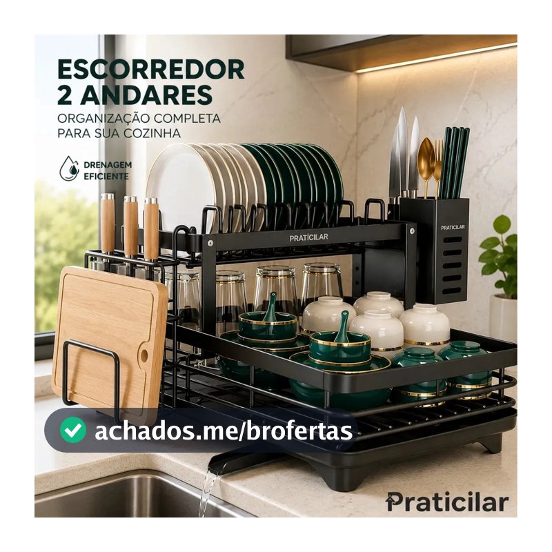 Escorredor De Louça Secador De Pratos Cozinha Aço Inox Preto 2 Andar Porta Talher Tigela E Copos Praticilar