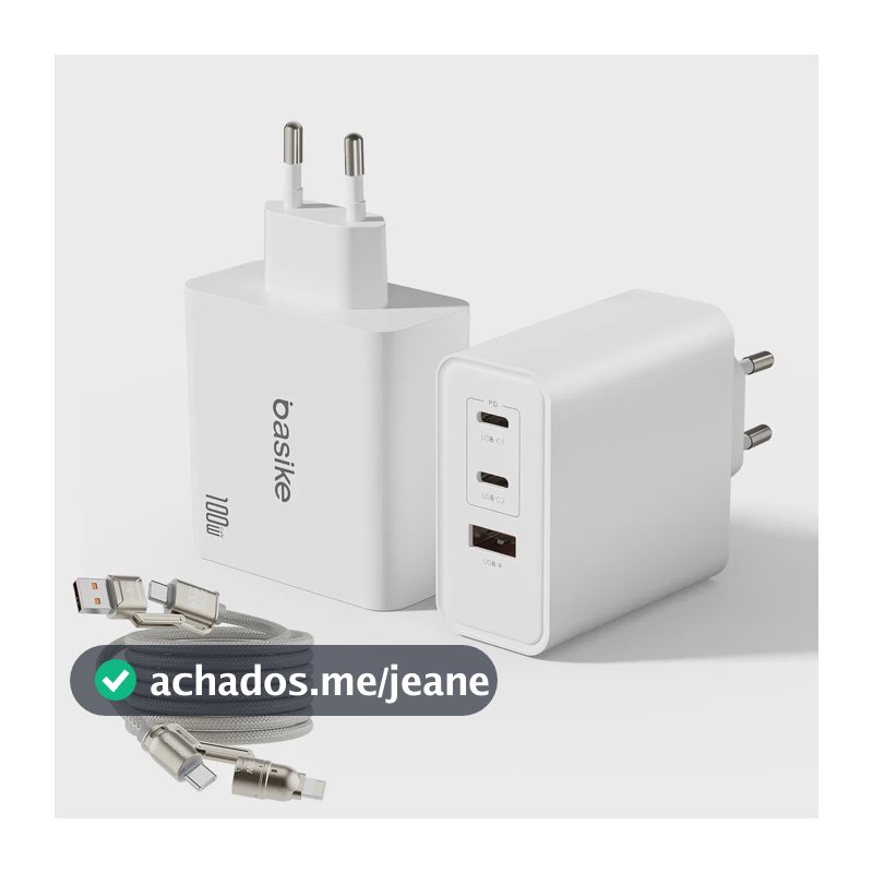 Carregador de Parede Basike USB/USB-C Turbo com 3 Portas e Cabo de Dados 4 em 1 para iPhone, Macbook e Samsung Galaxy Branco