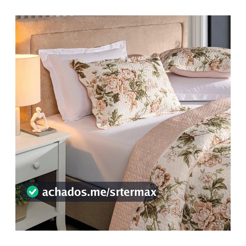 Kit Cobre Leito Colcha Queen 3 Peças Boutis Dupla Face Porta Travesseiro Aba Americana Beatriz Rose