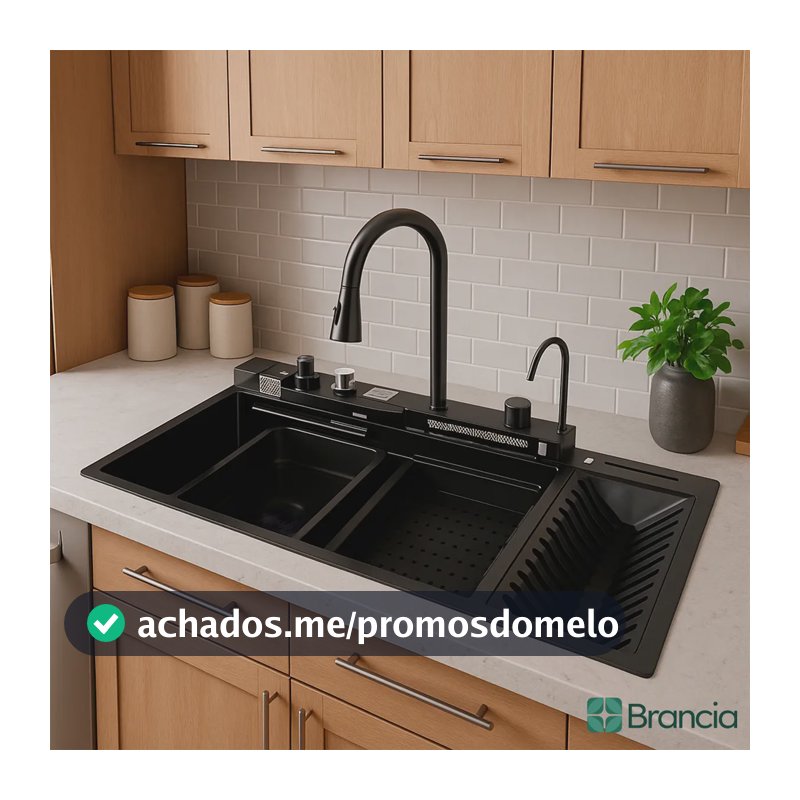 Cuba Cascata Com Calha Umida Multifuncional Escorredor Gourmet Smart Inteligente Monocomando Torneira Completa Acessórios Preto