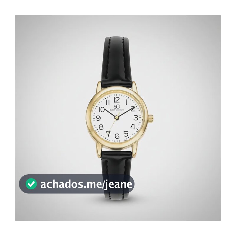 Relógio Feminino Dourado Saint Germain 24mm Correia Preta Caixa Dourada Fundo Branco Elegante Clássico Delicado