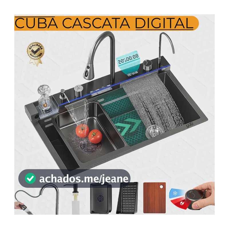 Cuba Gourmet Cascatas de Aço Inox Preto Yab, 75x46 cm, Com Torneira Monocomando e Acessórios