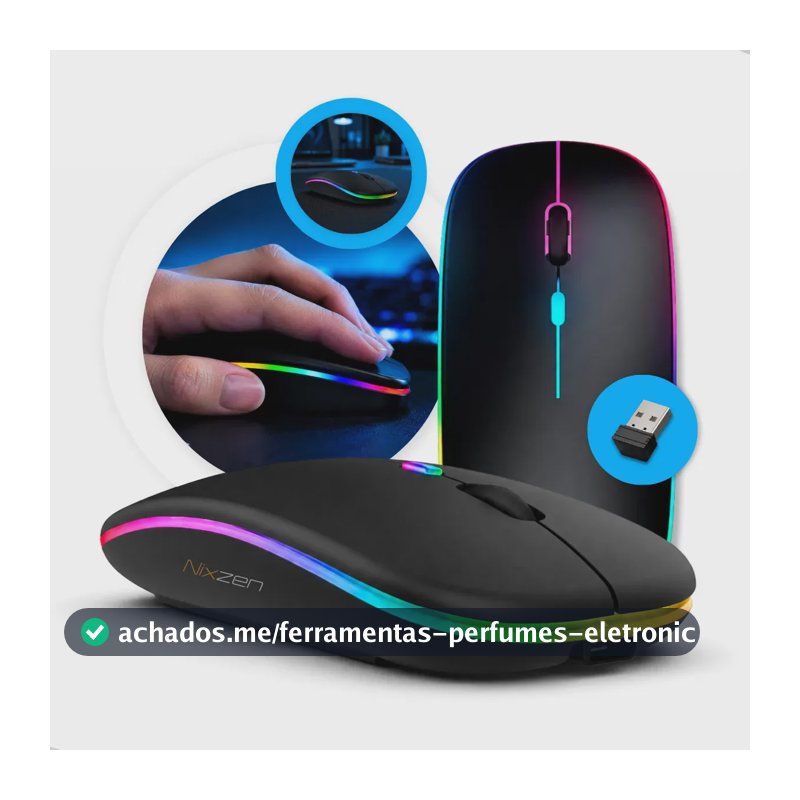Mouse Sem Fio Recarregável Bluetooth Wireless Óptico Ergonômico Sem Fio Led Rgb Gamer Para Notebook Pc Tablet Smartphone Preto Nixzen