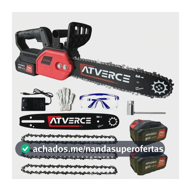 Motosserra Atverce 21V Brushless 12 Polegadas 1050W, Lubrificação Automática, 2 Baterias 3,0Ah, 3 Correntes Liga Temperada, Rotação 3400RPM, Corte até 27cm para Poda de Galhos e Jardim