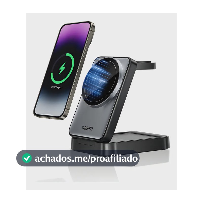 Carregador Indução Sem Fio 3em1 Basike Magsafe iPhone 17 16 15 14 Apple Watch AirPods Dobrável