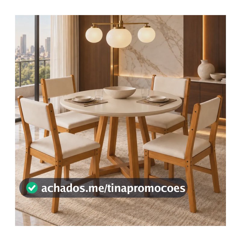 Sala de Jantar Mesa Redonda Valentina Off White Nature com 4 Cadeiras Lugano Freijó Marfim Estofadas Suede Sala Cozinha Moderna
