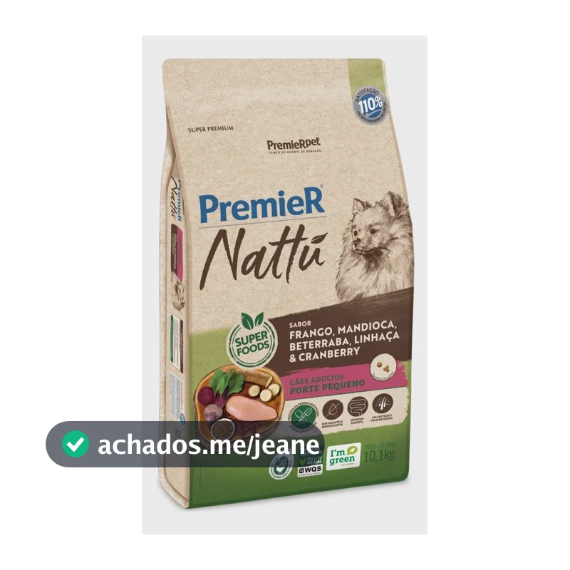 PREMIER NATTU CAES ADULT R. PEQ. FRANGO, MANDIOCA BETERRABA 10,1 KG