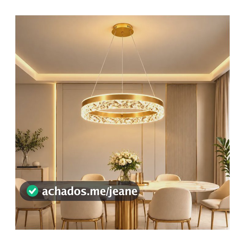 Lustre Pendente LED Redondo Dourado com 50cm, de Acrílico e Metal, 56W Bivolt e 3 Temperaturas, da Tieesa