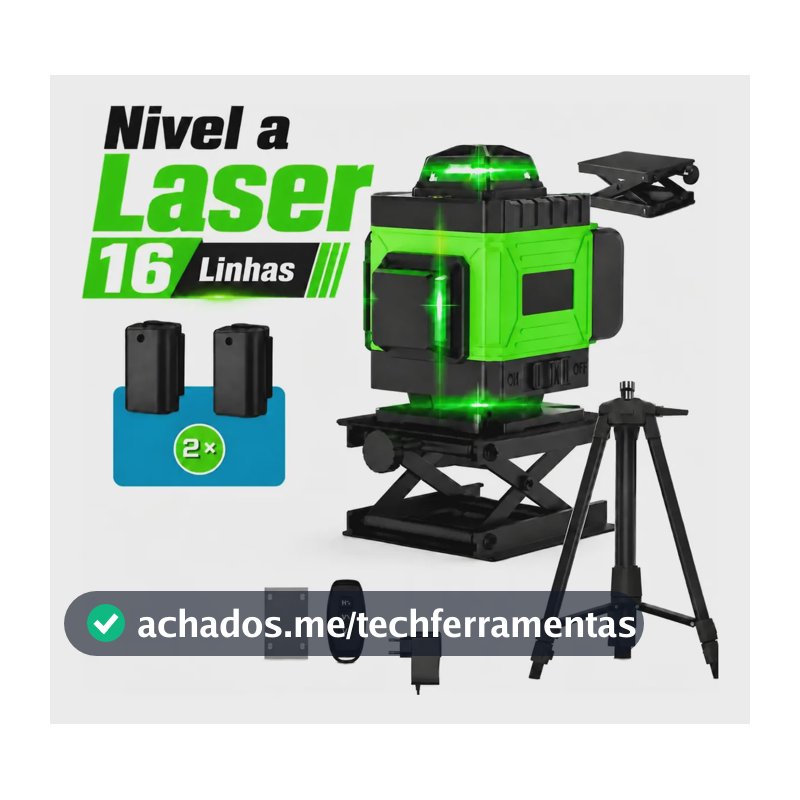 Kit Nível A Laser Verde 16 Linhas Esquadro + Suporte + Tripé Recarregável Profissional Prumo Autonivelante