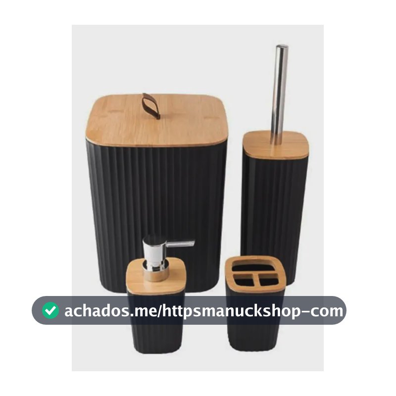 Kit Banheiro Preto 4 Peças Acessórios para Banheiro e Lavabo com Lixeira com Tampa Dispenser de Sabonete Líquido Porta Escova de Dentes e Escova Sanitária Plástico e Bambu Shokki