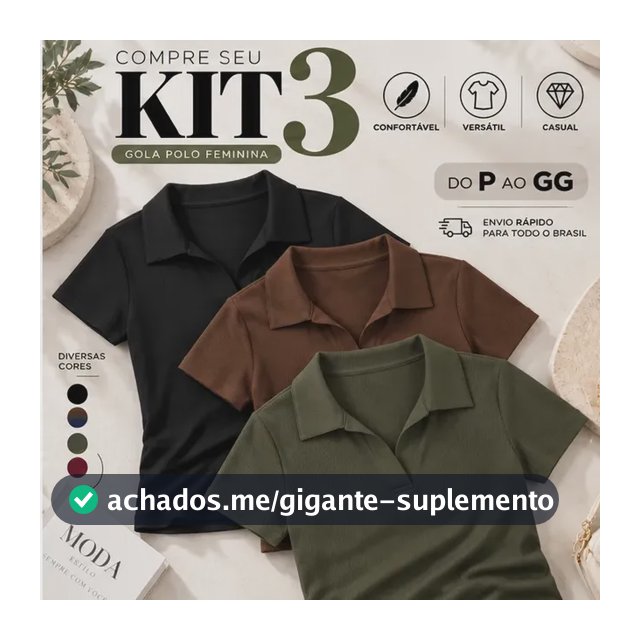 Kit 3 Blusa Feminina Gola Polo Canelada Básica Casual Lisa Preto, Marrom E Verde Liso P/m (36/42)